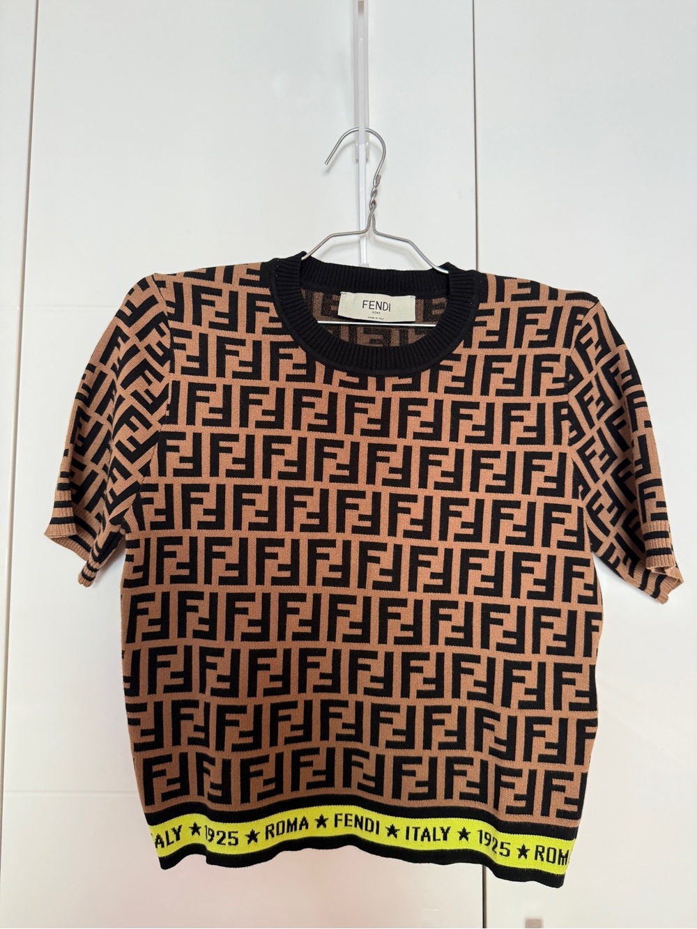 Fendi Tan & Black FF Logo Knit Top with Neon Trim